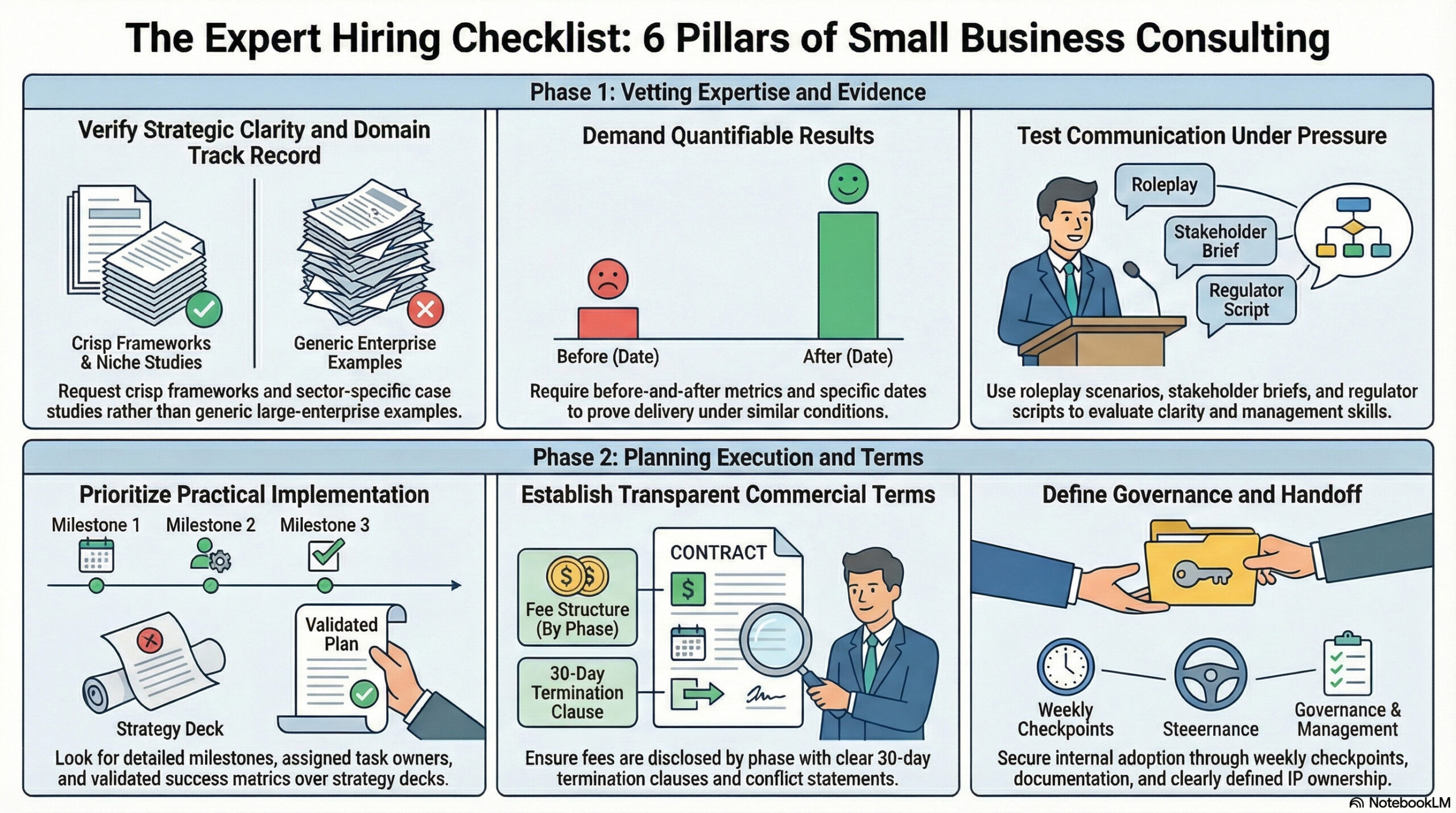 Expert hiring checklist 6 pillars of small business consulting infographic — LaRubie business consulting Canada