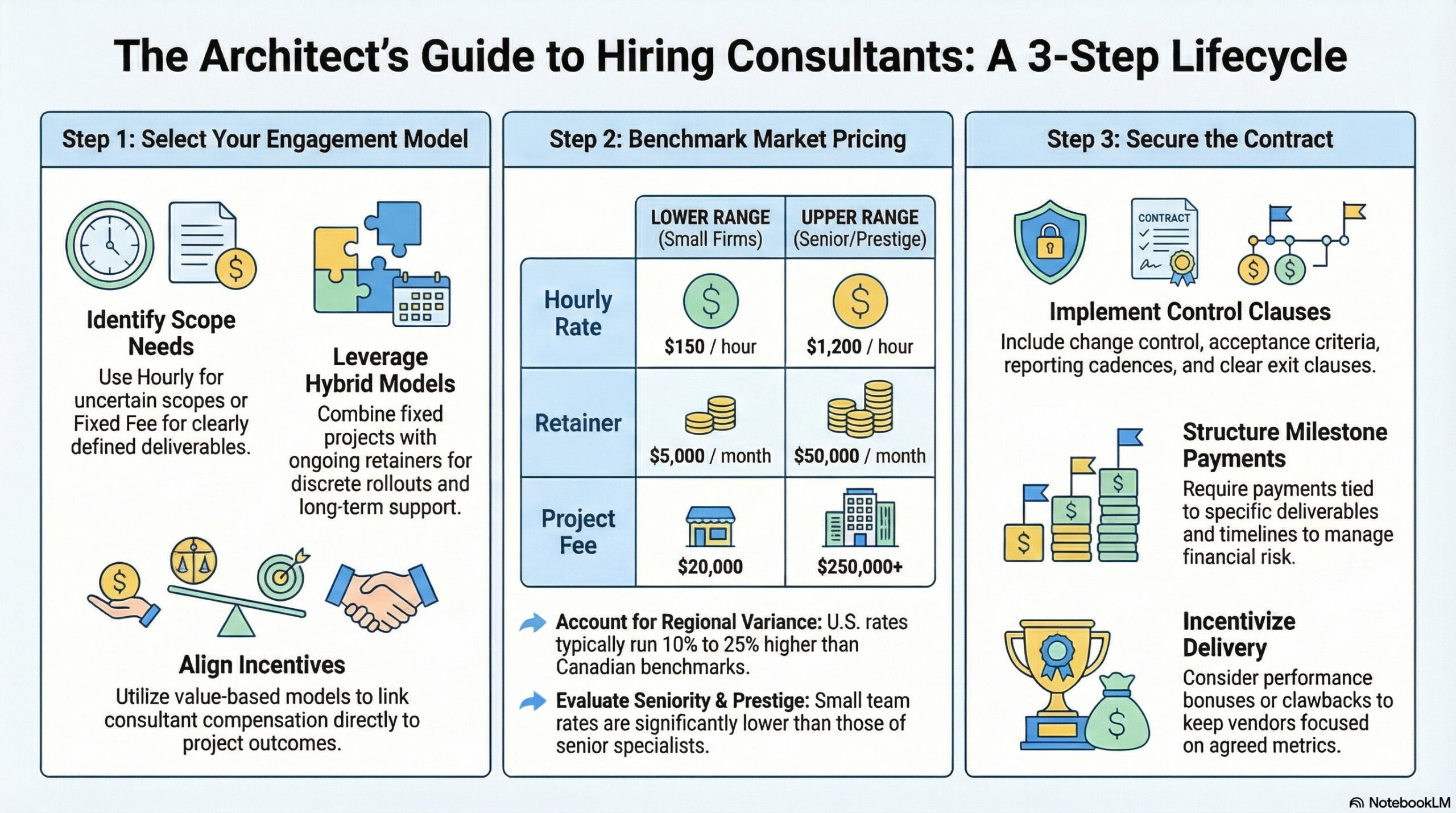 Architect's guide to hiring consultants 3 step lifecycle infographic — LaRubie business consulting Canada