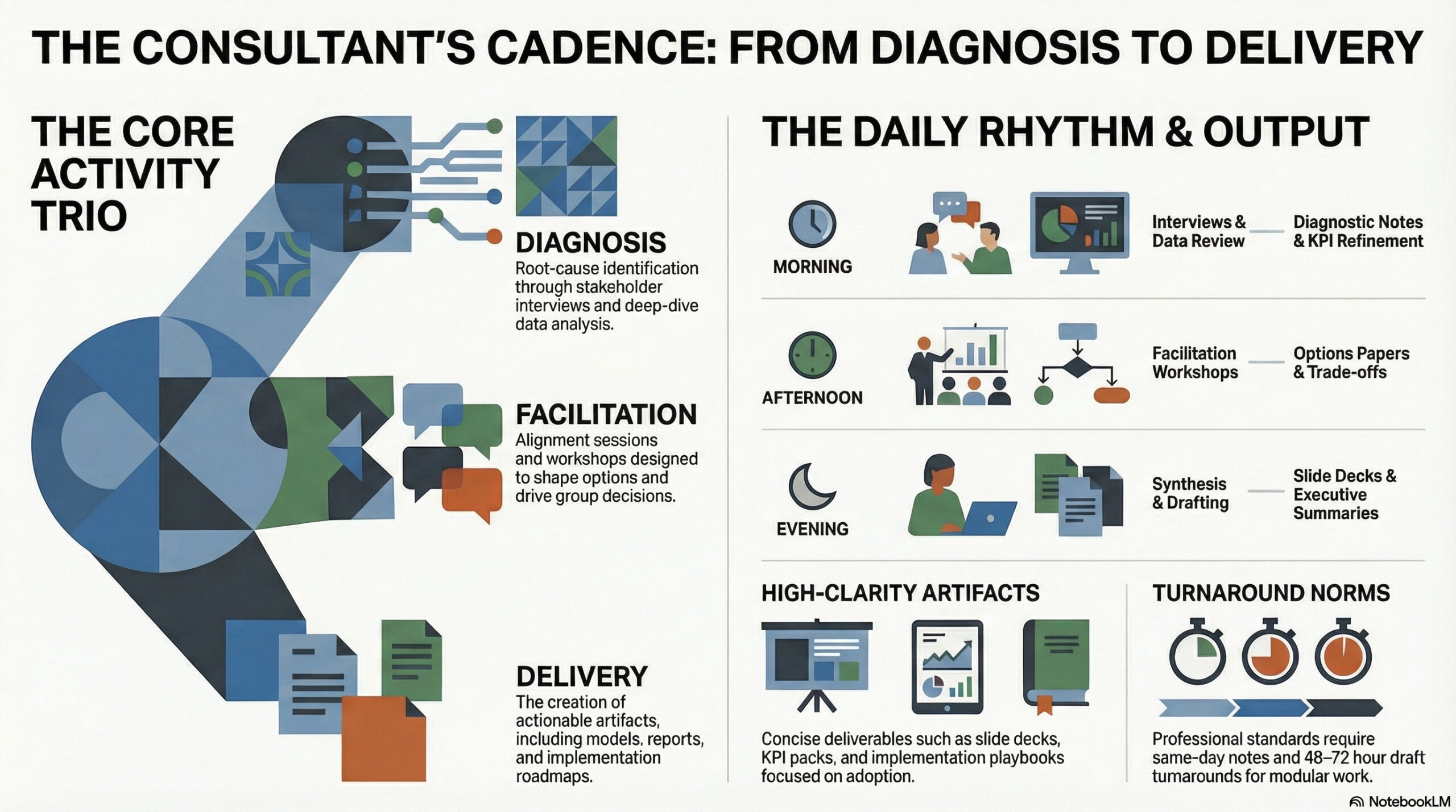 Small Business Consultant - Consultant daily cadence infographic showing the diagnosis to delivery framework — LaRubie business consulting Canada